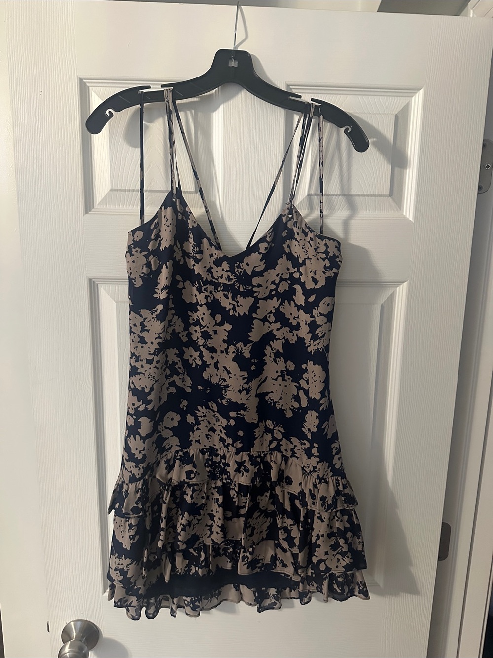 Ramy Brook Women’s Navy and Beige Floral Slip Dress with Ruffle Hem